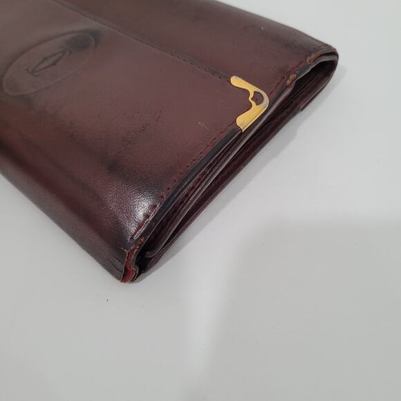 Cartier Vintage Wallet Trifold Leather Bordeaux Red Medium Retro Kisslock Fair - Picture 10 of 11